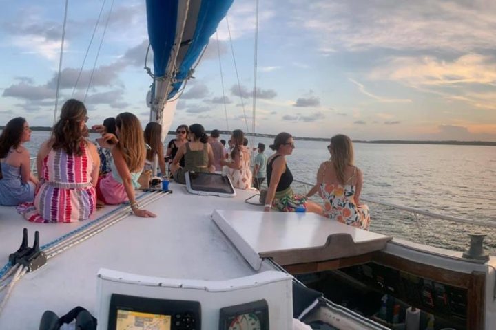 a group of people on a boat in the water