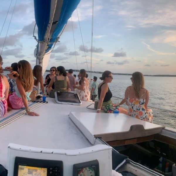a group of people on a boat in the water